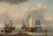 William Anderson A British warship, Dutch barges and other coastal craft on the Ijselmeer in a calm oil painting